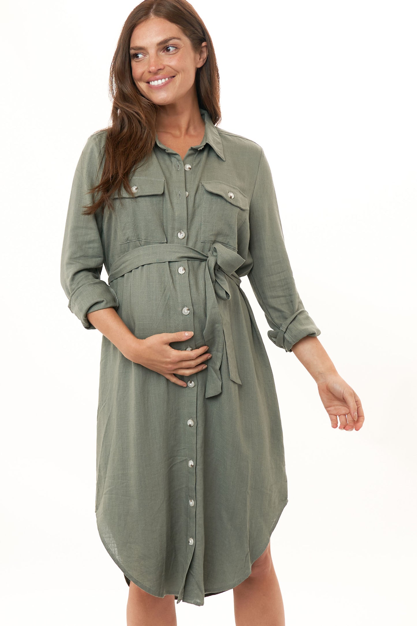 Linen Maternity Dress Khaki -1