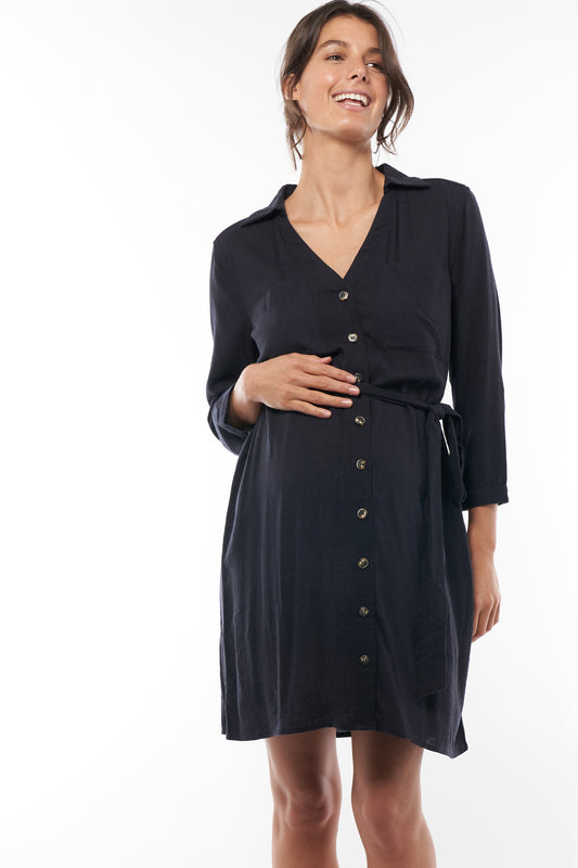 Linen Maternity Dress - Navy -1