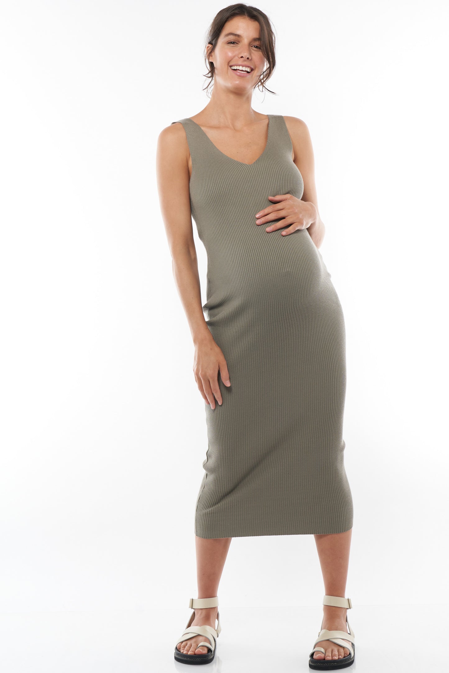 Rib Knit Maternity Dress - Khaki -3
