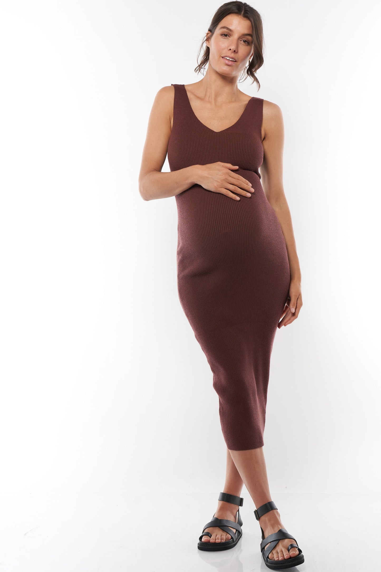 Rib Knit Maternity Dress - Brown -4