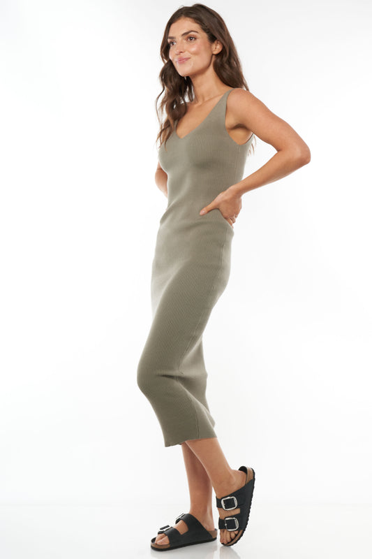 Rib Knit Maternity Dress Khaki -7